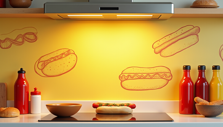 Eye-level view of a colorful hotdog-themed kitchen splashback with vibrant illustrations of hotdogs and condiments
