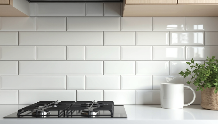 Eye-level view of a white colour block glass splashback installed in a modern Norwich kitchen