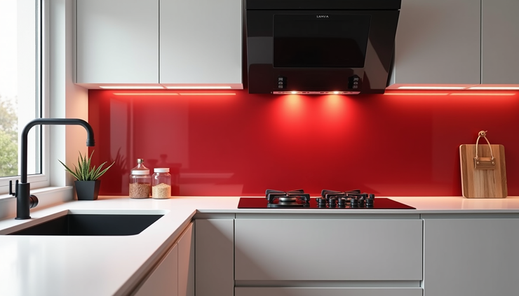 Eye-level view of a modern kitchen with a glossy red splashback behind the stove and sink