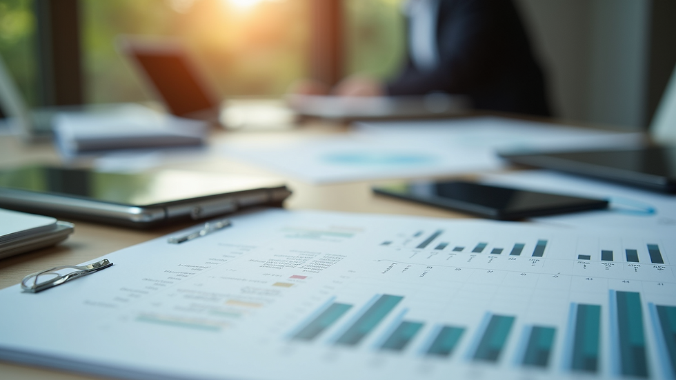 Close-up view of a desk with salary charts and HR documents