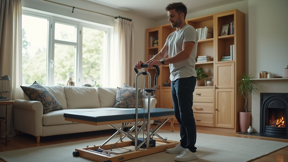 Eye-level view of a therapist setting up exercise equipment in a cozy living room