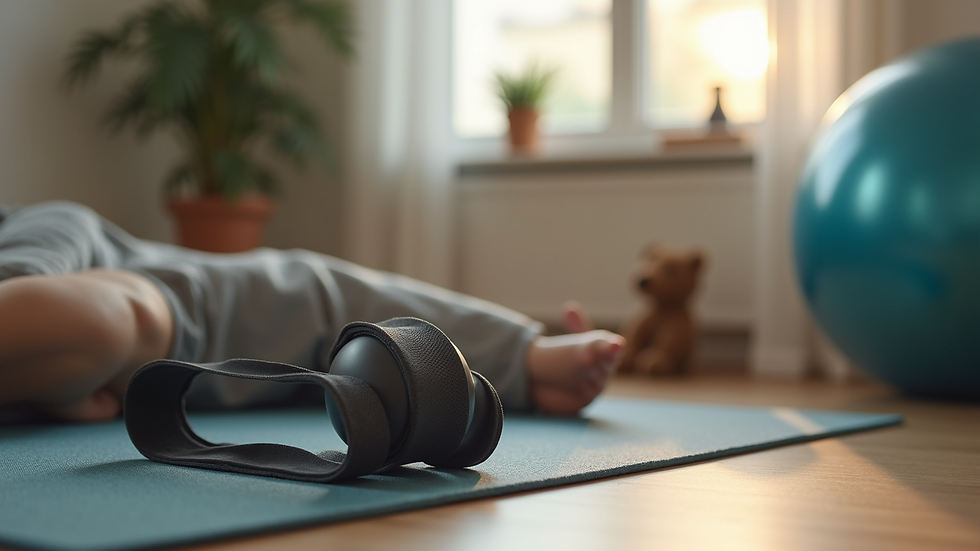 Close-up view of a resistance band and balance ball in a home therapy setup