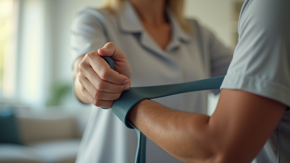 Close-up view of a physical therapist demonstrating an exercise with a resistance band in a home setting