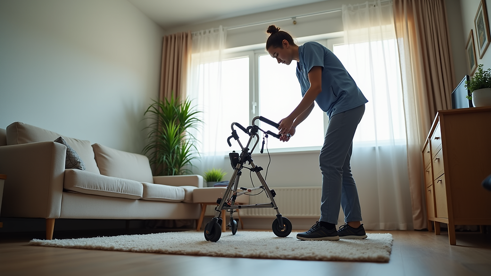 Eye-level view of a physical therapist setting up equipment in a home living room