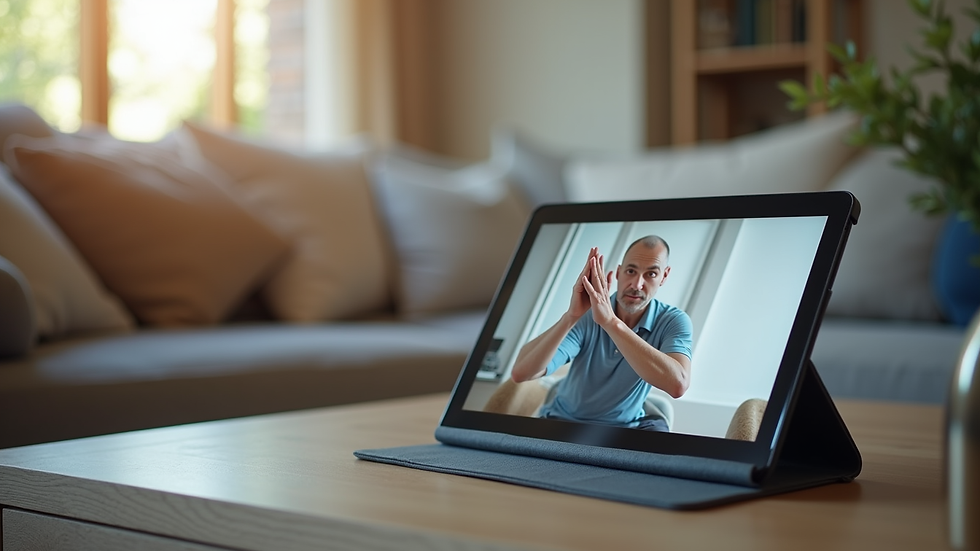 Close-up view of a tablet displaying a physical therapy exercise video in a home setting
