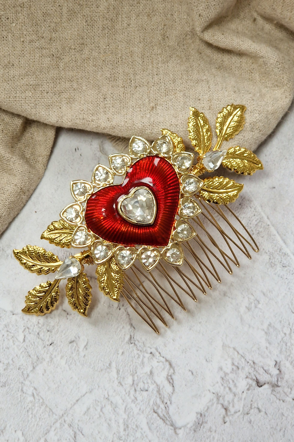 detail shot of flaming heart edgy alternative bridal headpiece ideal for valentines weddings
