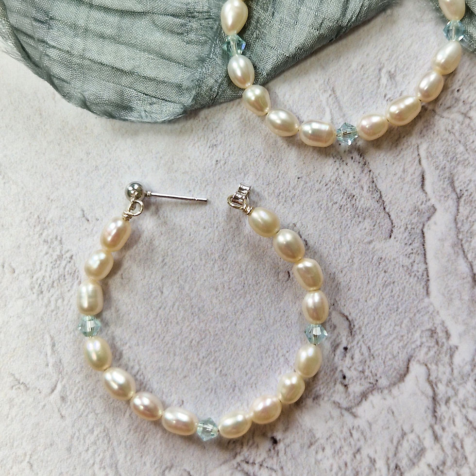 Thumbnail: Large freshwater pearl hoops with crystals for modern brides. Handmade on gold or rhodium plated studs