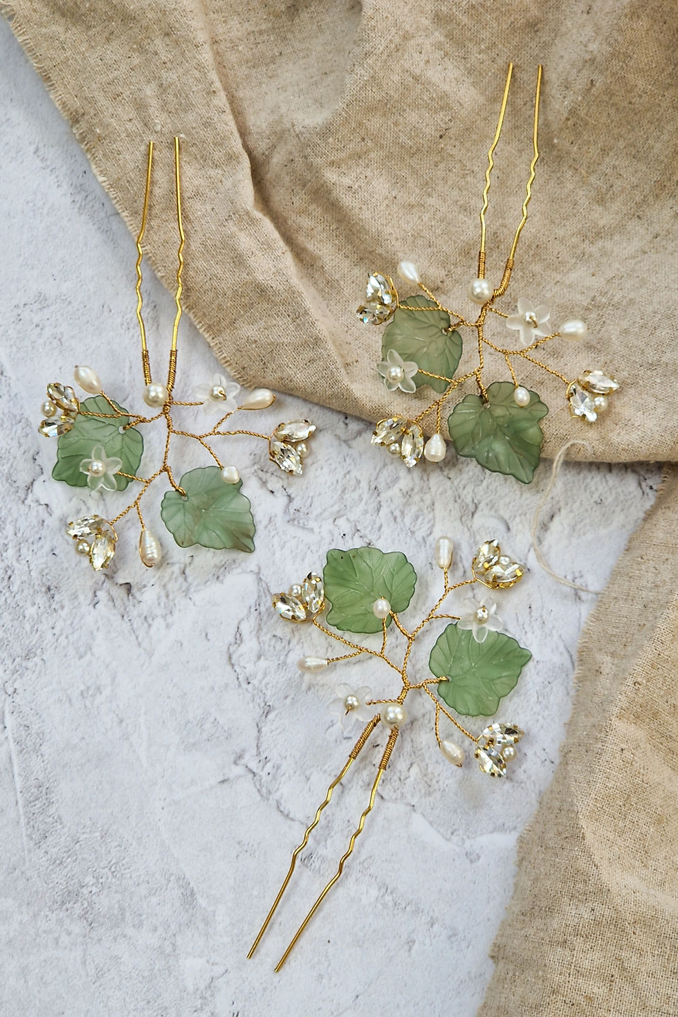 set of 3 ivy leaf bridal hair pins with pearls and rhinestones