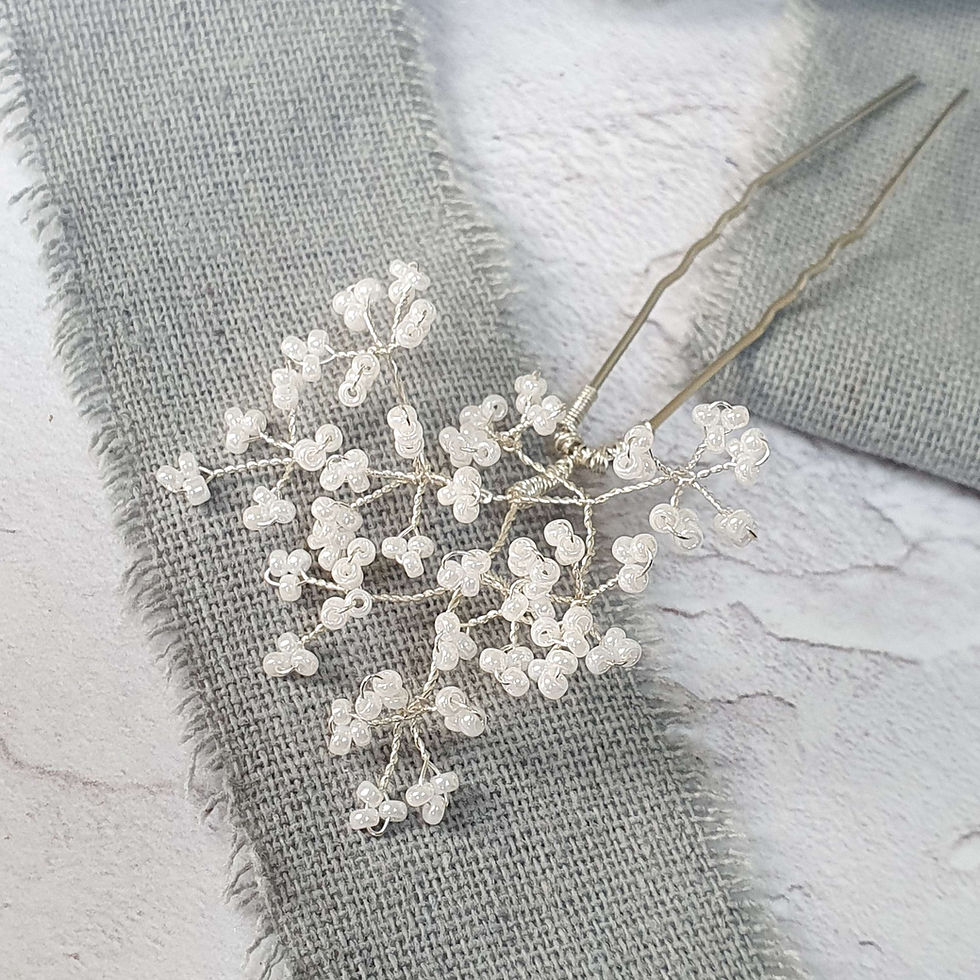 Thumbnail: everlasting gypsophila baby's breath wedding hair pins made with glass beads. Floral bridal hair pin