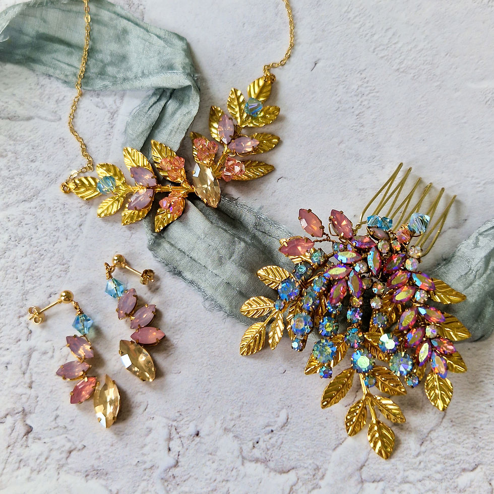 Thumbnail: Pink, blue and gold rhinestone drop bridal earrings with coordinating bridal necklace and vintage headpiece