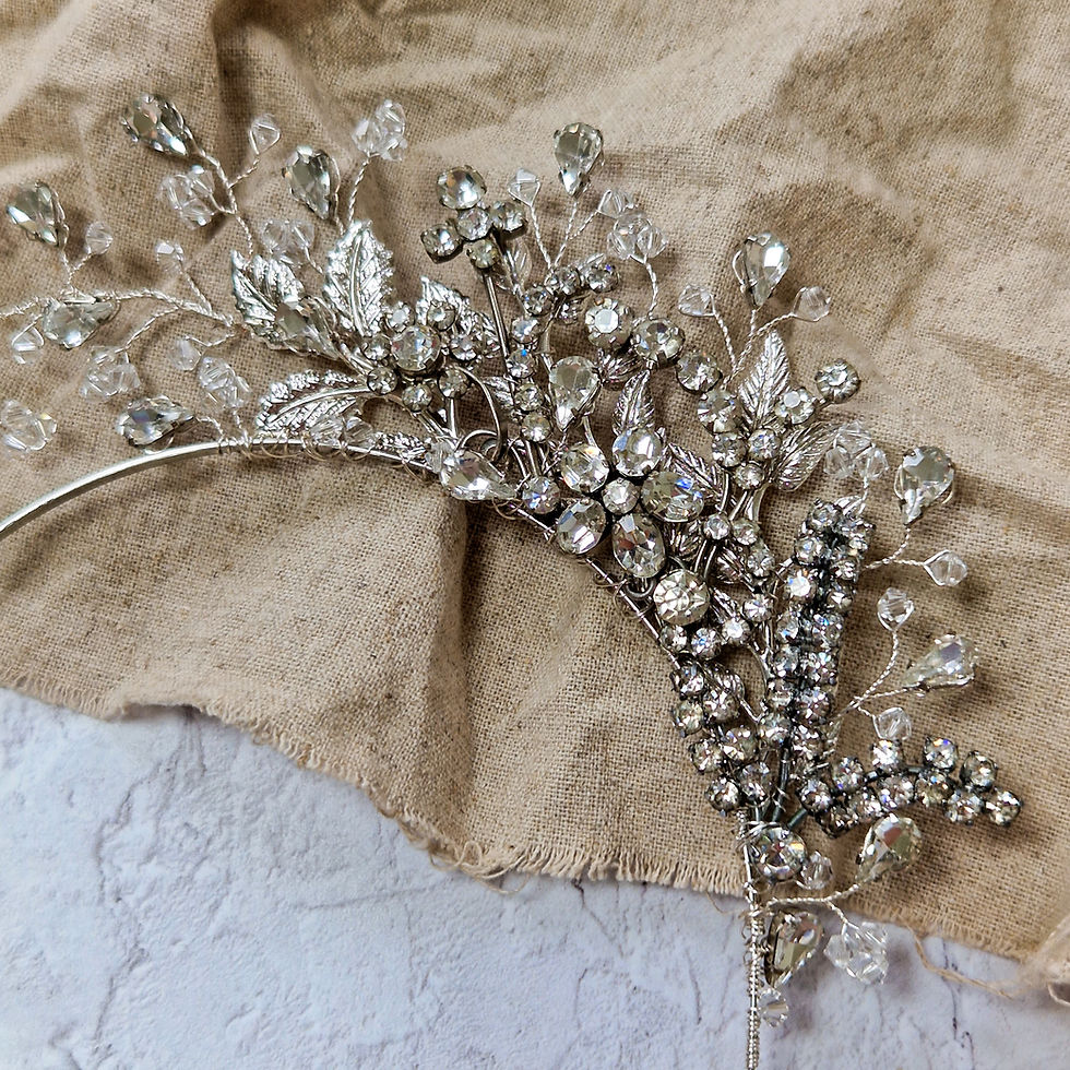 Thumbnail: one of a kind handmade asymmetric statement bridal crown with vintage details for alternative brides