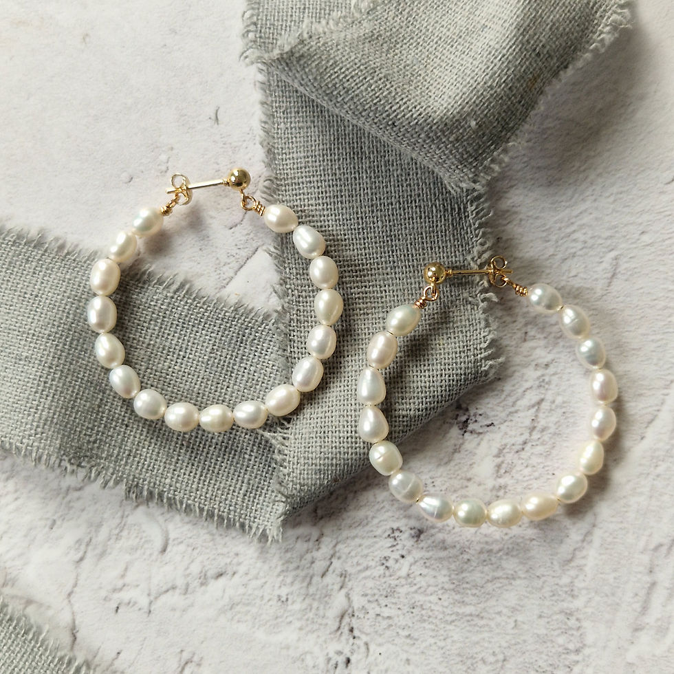 Thumbnail: Large freshwater pearl hoops for modern brides. Handmade on gold or rhodium plated studs