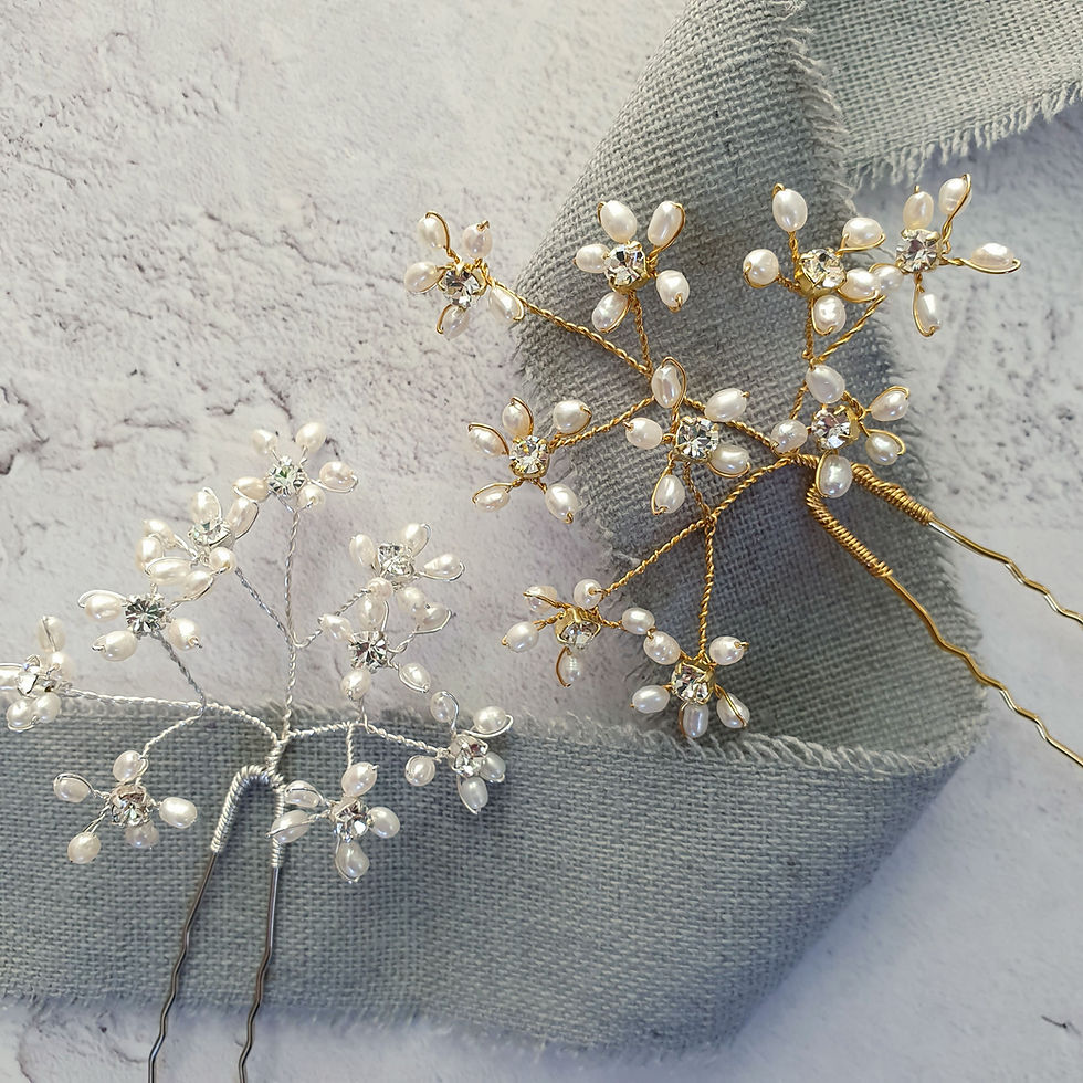 Thumbnail: freshwater pearl wildflower / gypsophila / baby's breath bridal hair pins with rhinestone centres