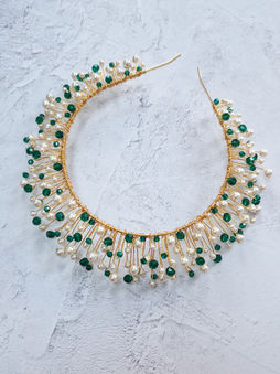 bespoke pearl and emerald green crystal aura crown for winter wedding
