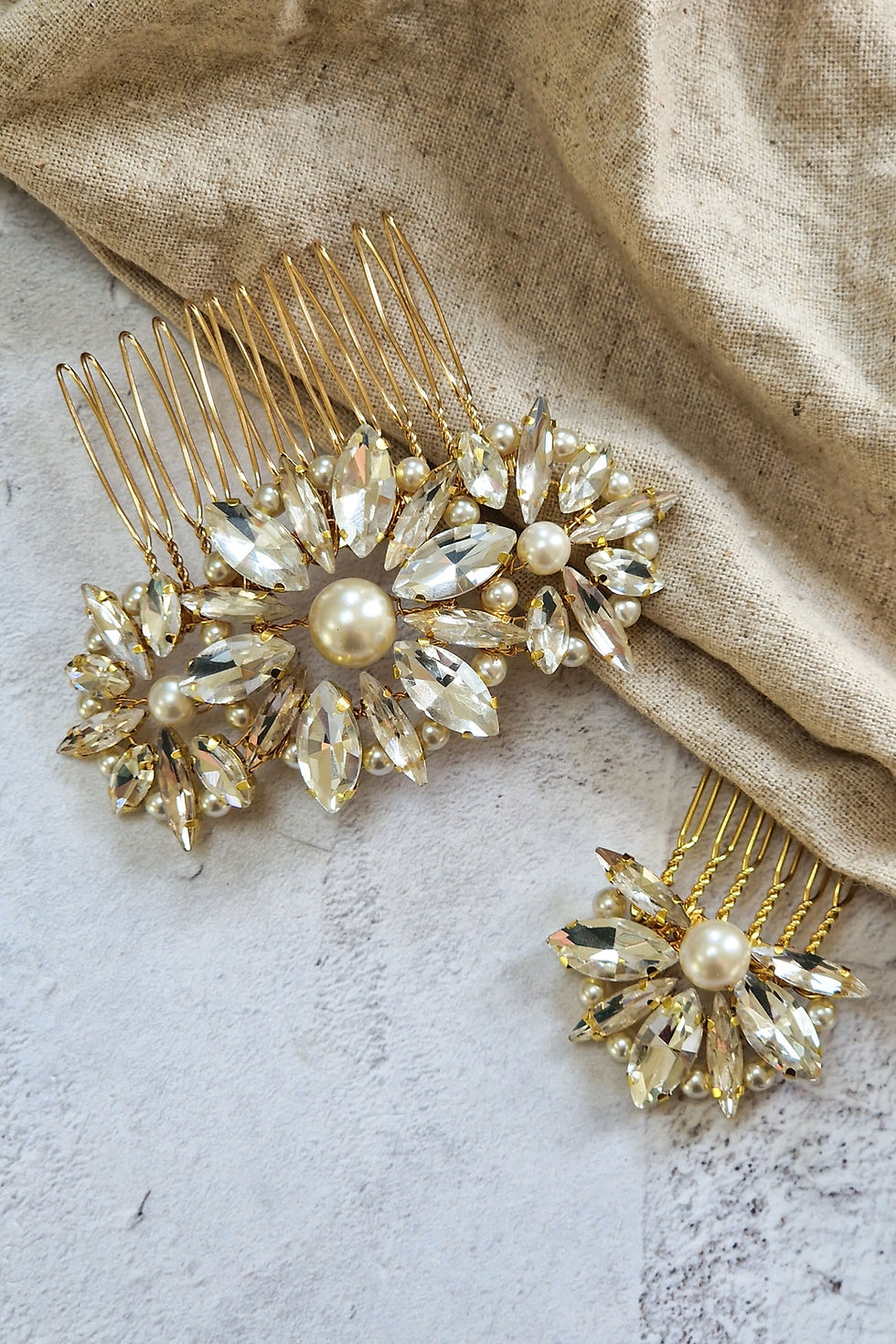 Thumbnail: gold with clear stone deco bridal headpieces made to order