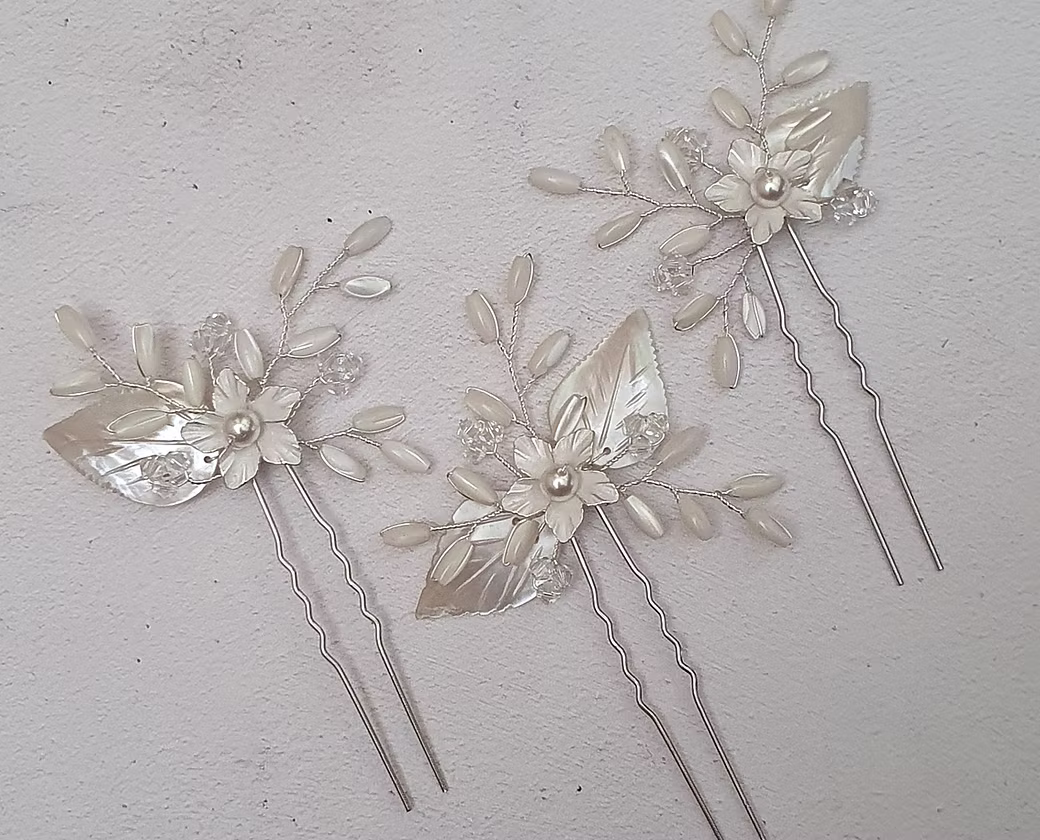 white flower bridal hair pins made with pre loved vintage beads