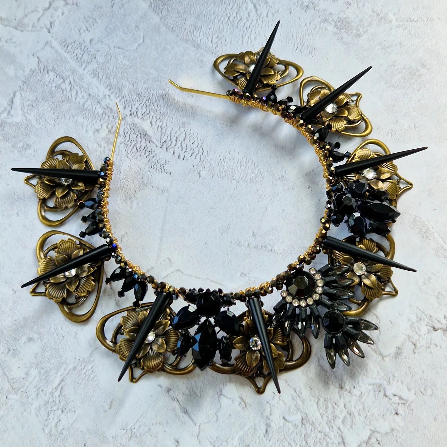 one ofa kind edgy blavk art nouveau inspired wedding crown handmade with preloved vintage 