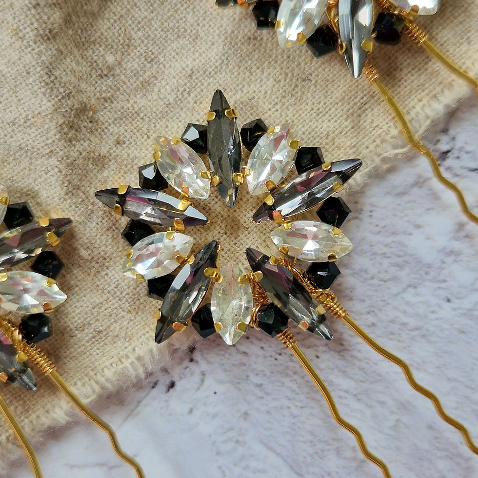 Thumbnail: black diamond stars on the and moon halo / celestial bridal crown for weddings and black tie events. Alternative bridal crown