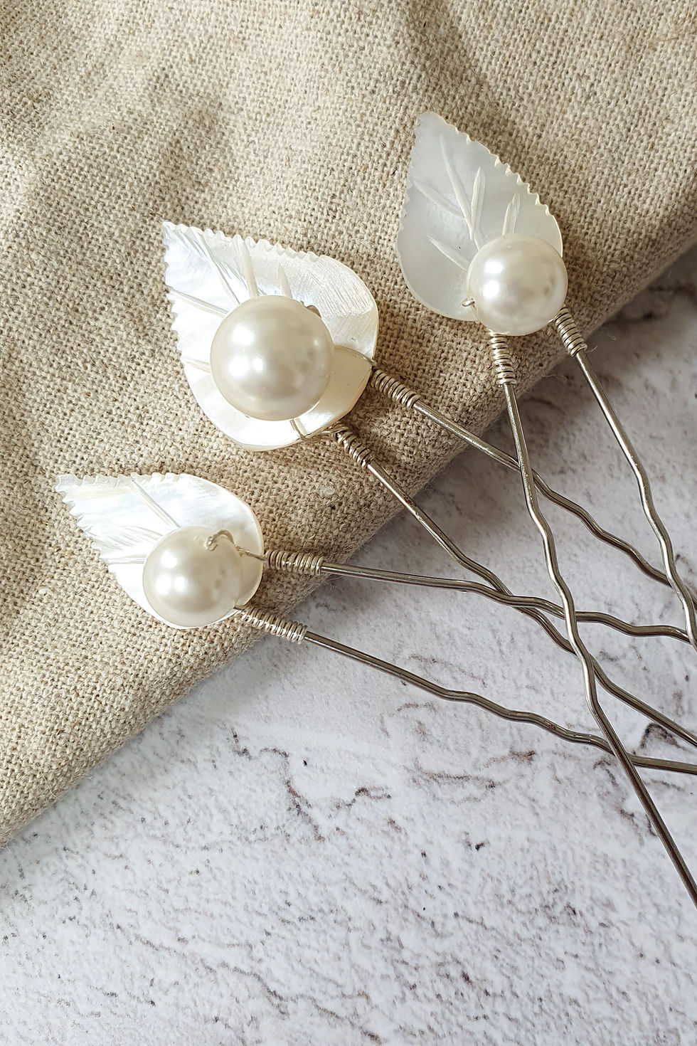 set of 3 mother of pearl vintage leaf bridal hair pins ideal for bridal up-dos or bridesmaids