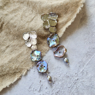 petrol grey coloured blossom keshi cornflake petal pearl earrings