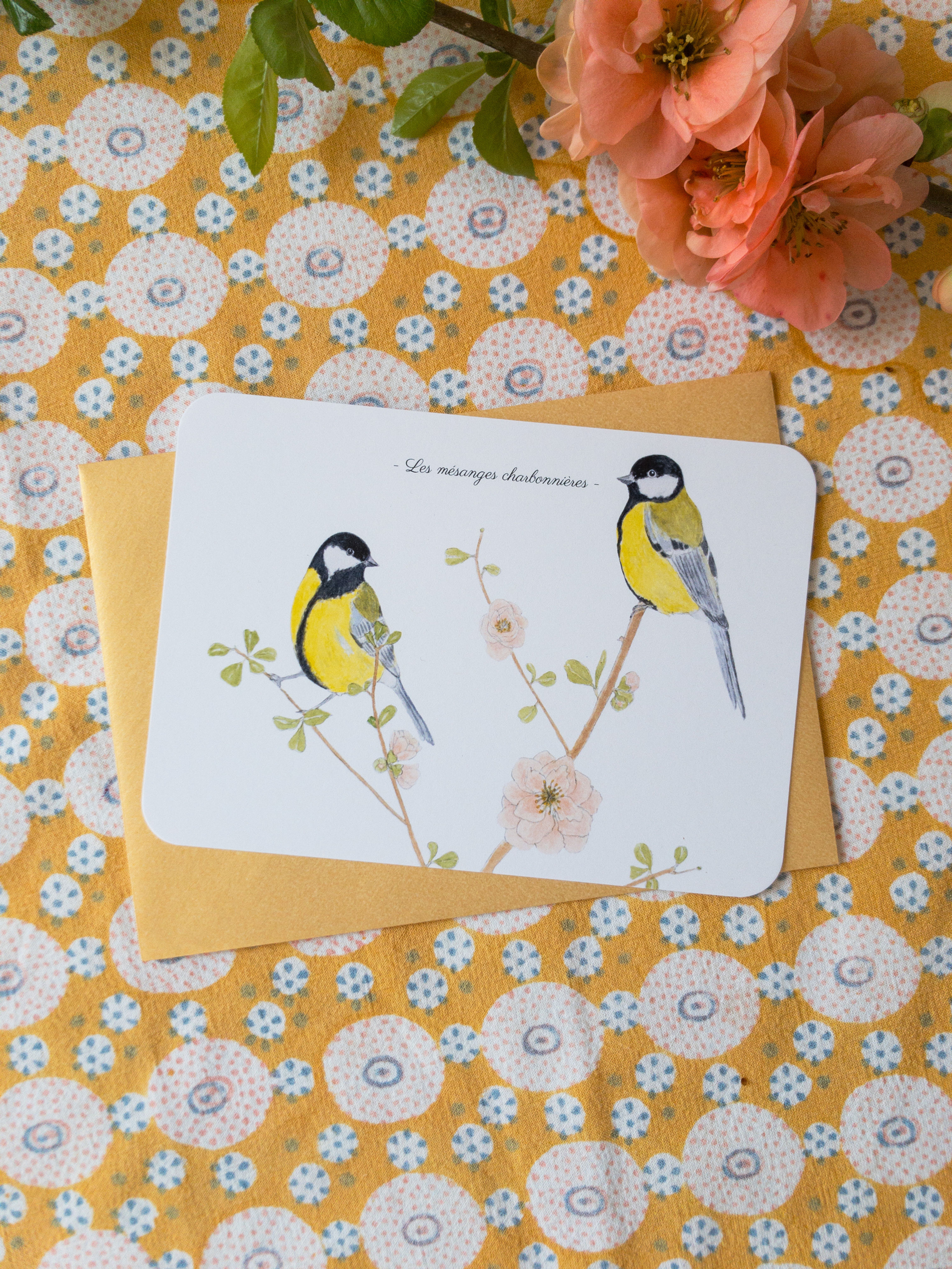 carte postale A6 mésanges charbonnières et cognassier