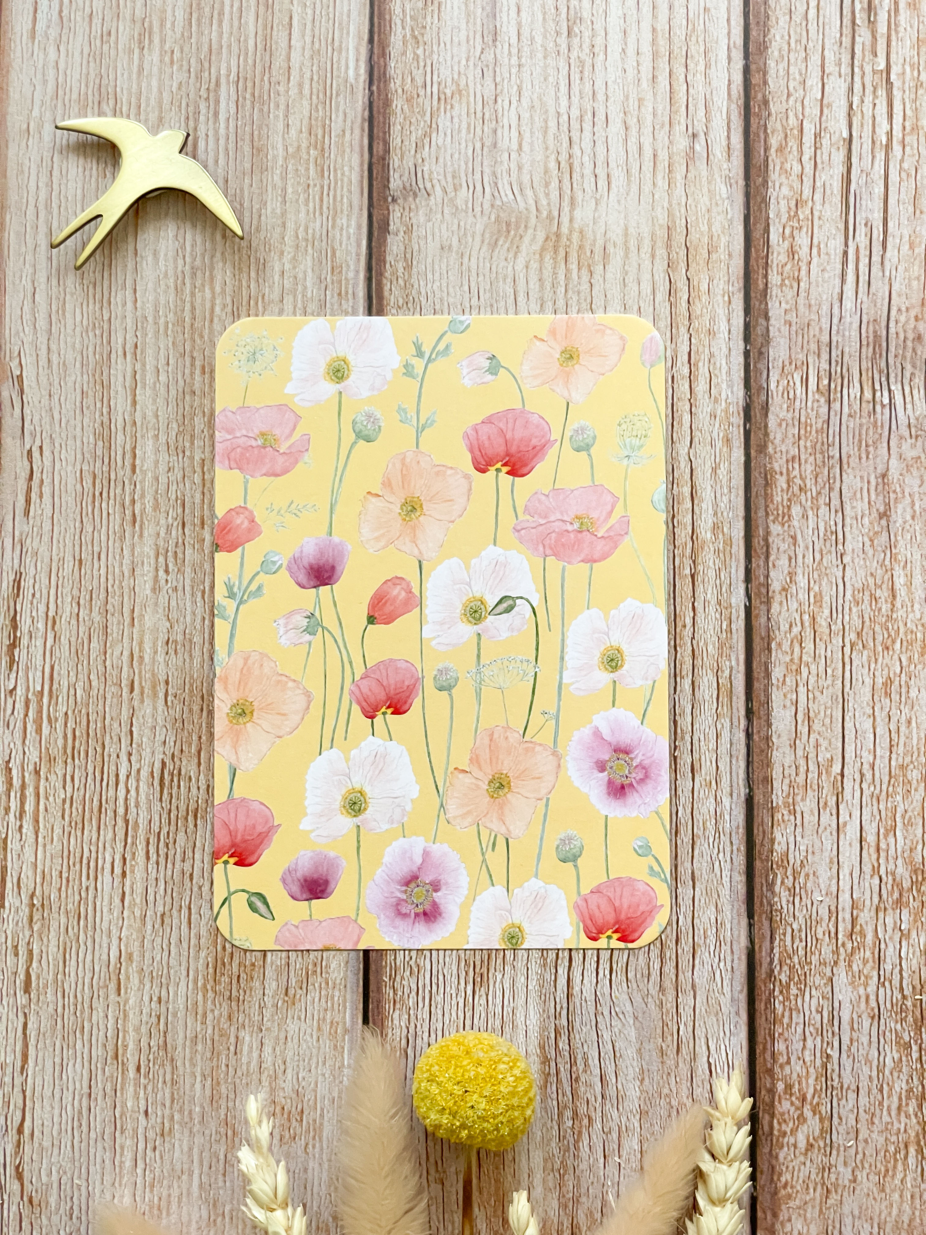 Carte postale A6 motif pavots et fond jaune