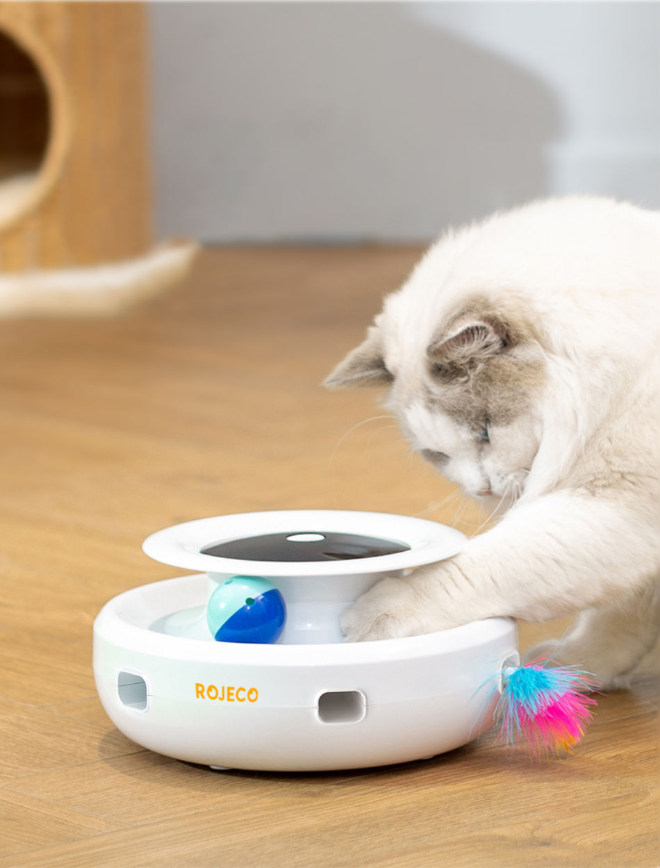ROJECO 2 in 1 smart cat teaser toy with automatic feathers and fun balls in white blue and pink purple colours