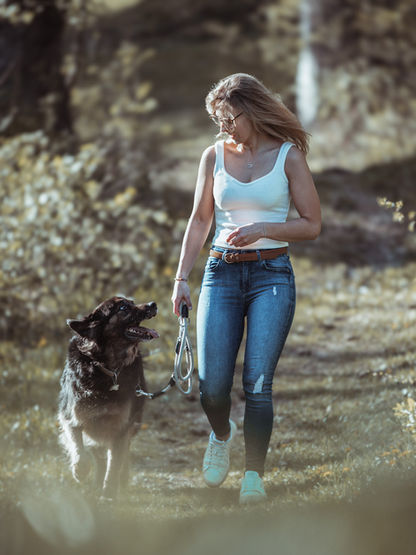 Waldspaziergang mit Schäferhund während eines Outdoor Shootings 