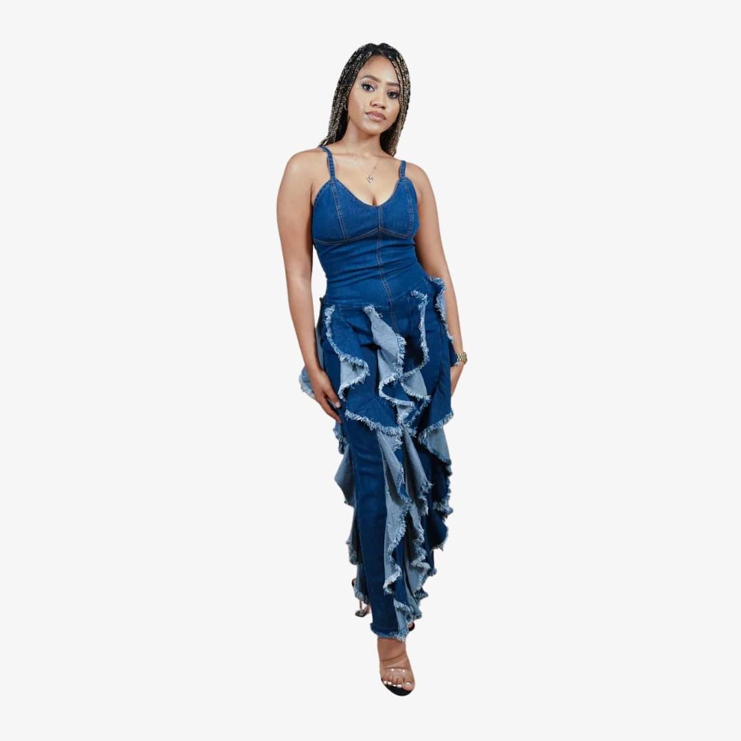 DENIM STRAPPY RUFFLE JUMPSUIT