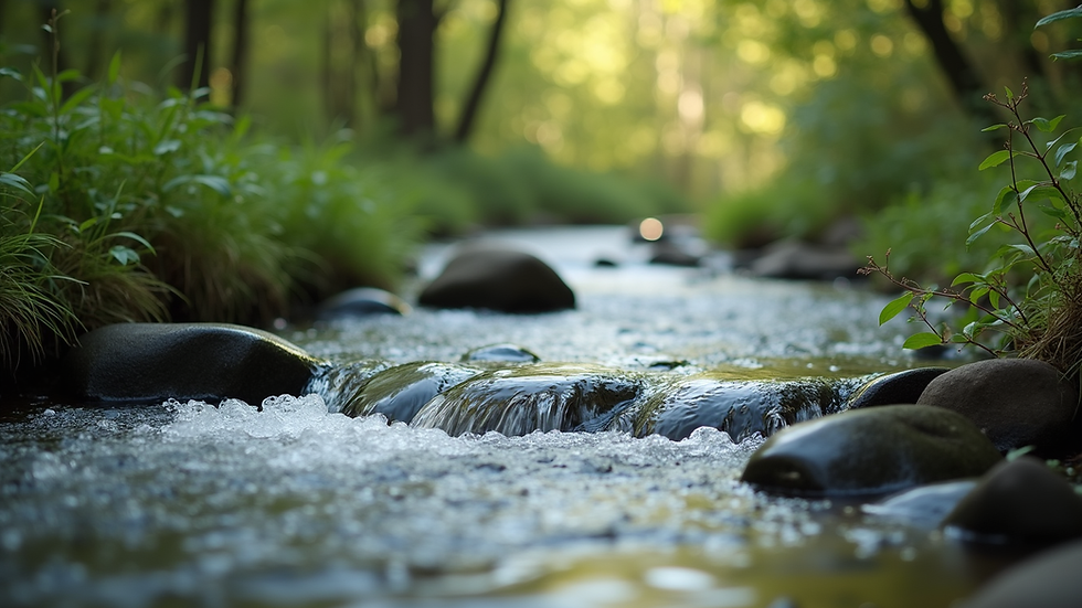 Close-up view of a serene nature scene with a flowing stream