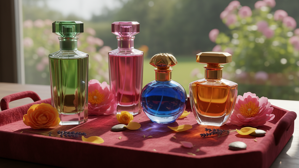 Eye-level view of luxury perfume bottles arranged on a velvet tray