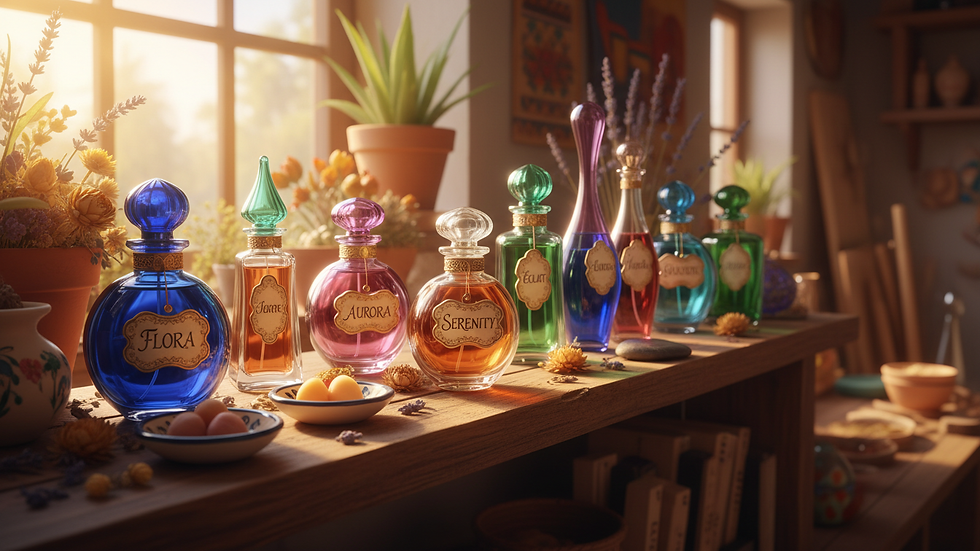 Eye-level view of a wooden shelf displaying handcrafted perfume bottles with elegant labels