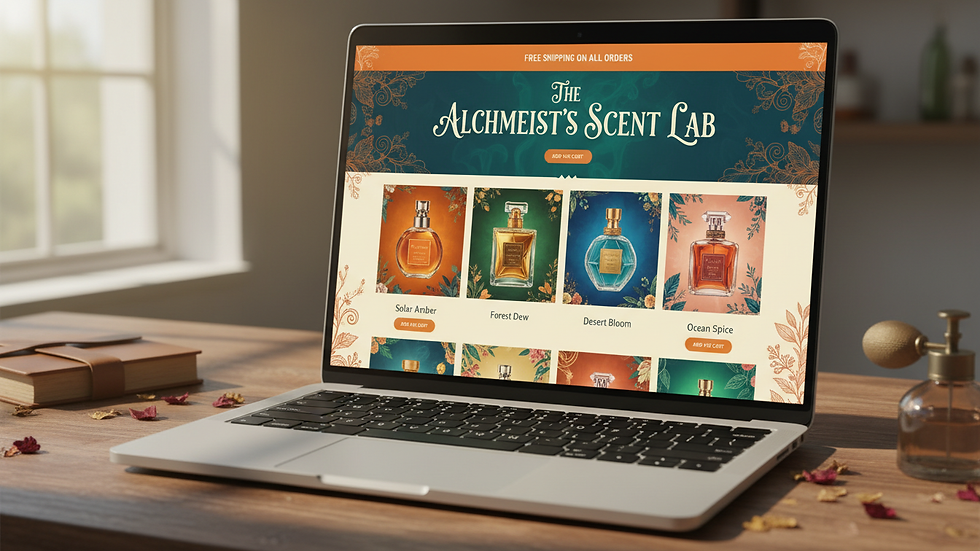 Eye-level view of a laptop screen displaying an artisan perfume online store
