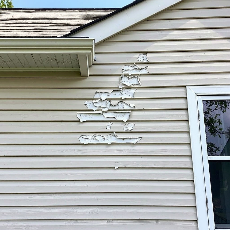 Damaged beige house siding with peeling paint, near a window and gutter. Clear sky and tree reflection visible, creating a repaired mood.