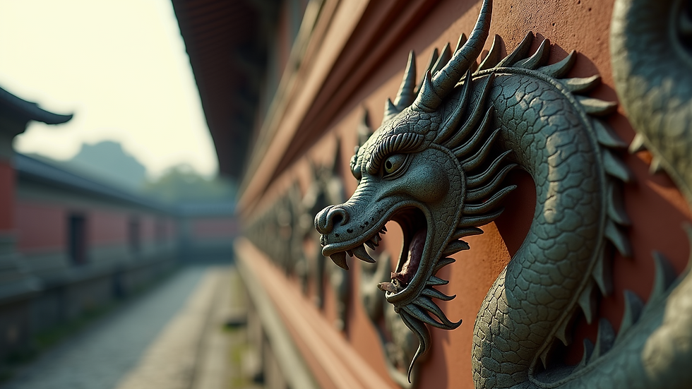 Close-up view of a dragon carving on an ancient temple wall