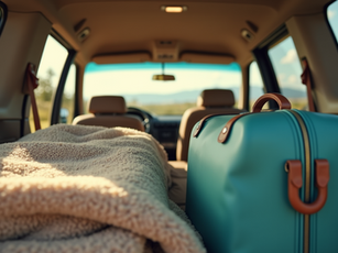 luggage and blanket in a van