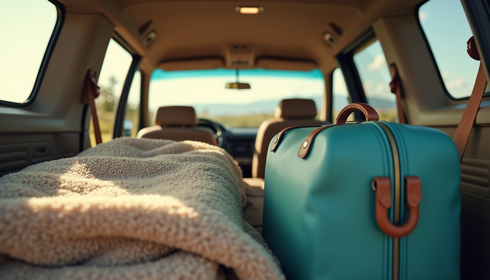 luggage and blanket in a van