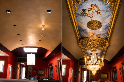 Before and after a ceiling mural painted by Mark Pothier