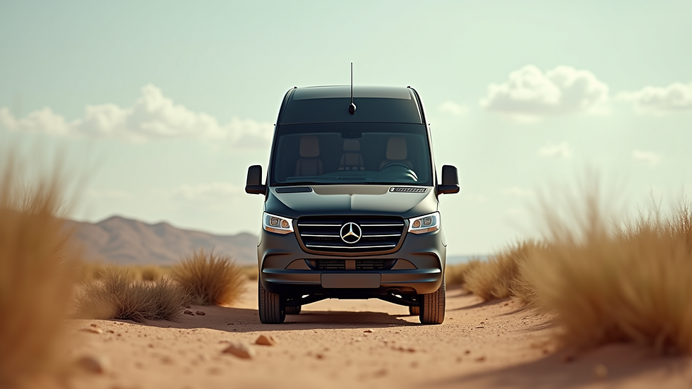 Eye-level view of a luxury Mercedes-Benz Sprinter van parked in a desert landscape