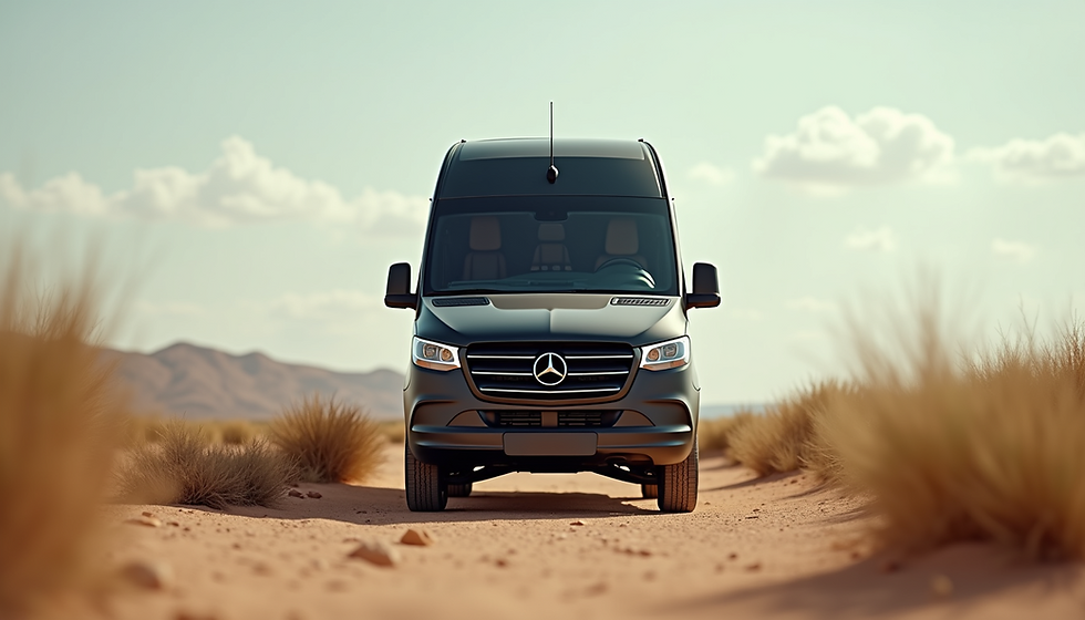 Eye-level view of a luxury Mercedes-Benz Sprinter van parked in a desert landscape