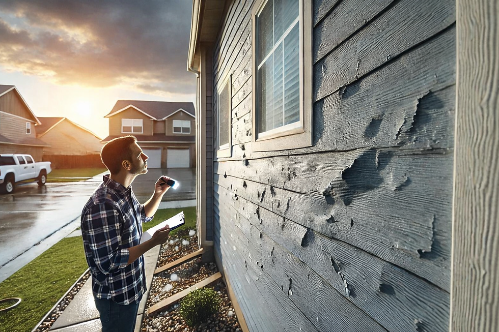 A man inspects storm-damaged siding with a flashlight and clipboard. Overcast sky, sun setting, suburban background, reflective mood.