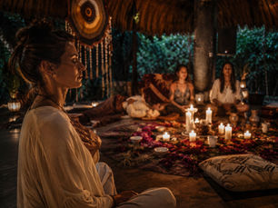 Woman meditating in profile at a candlelit group ceremony inside a thatched hut, with flower petals and soft, warm light.