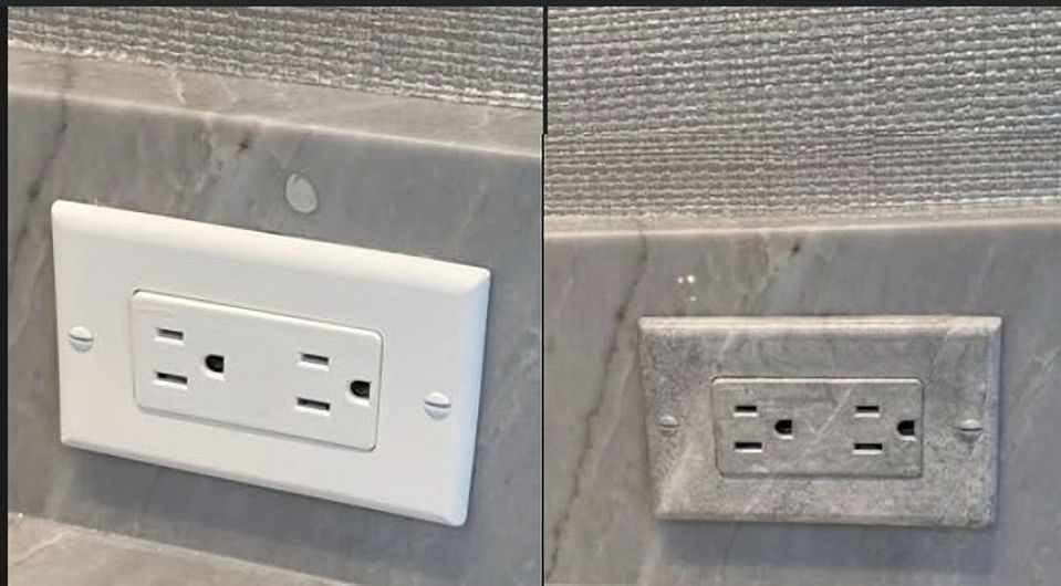 Before and after covering a switchplate to match the surrounding marble wall
