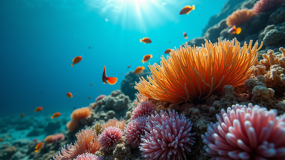 Eye-level view of vibrant coral reef with tropical fish