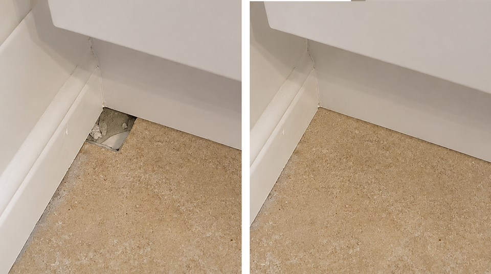 Before and after image of a broken tile floor that's been fixed