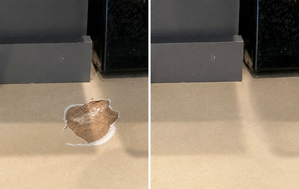 Before and after photo of a damaged tile floor