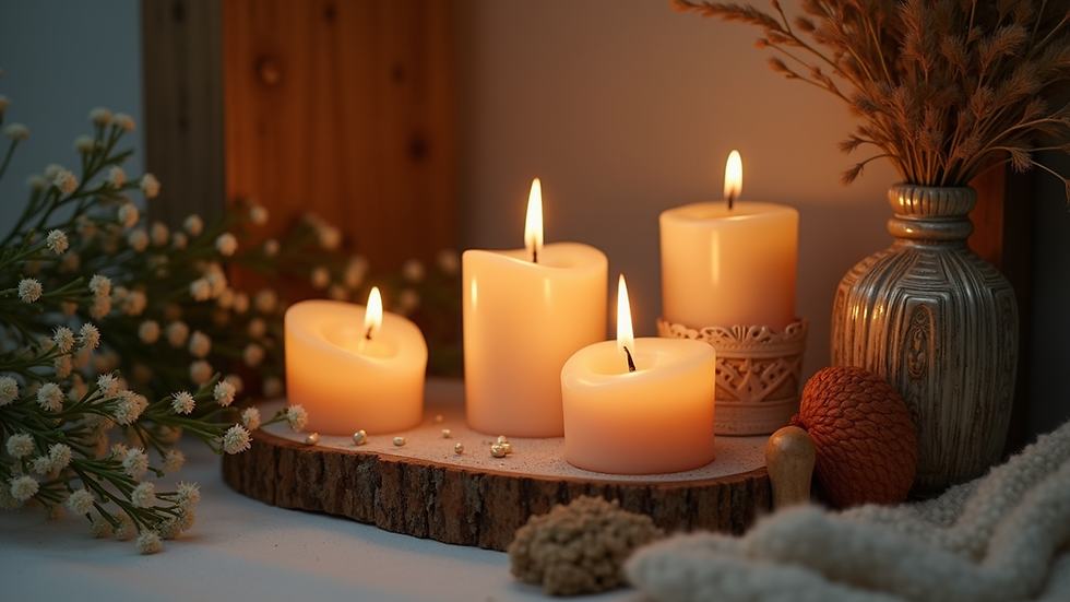 Eye-level view of a small altar with candles and natural elements