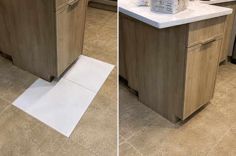 Before and after image of a broken tile floor that's been fixed