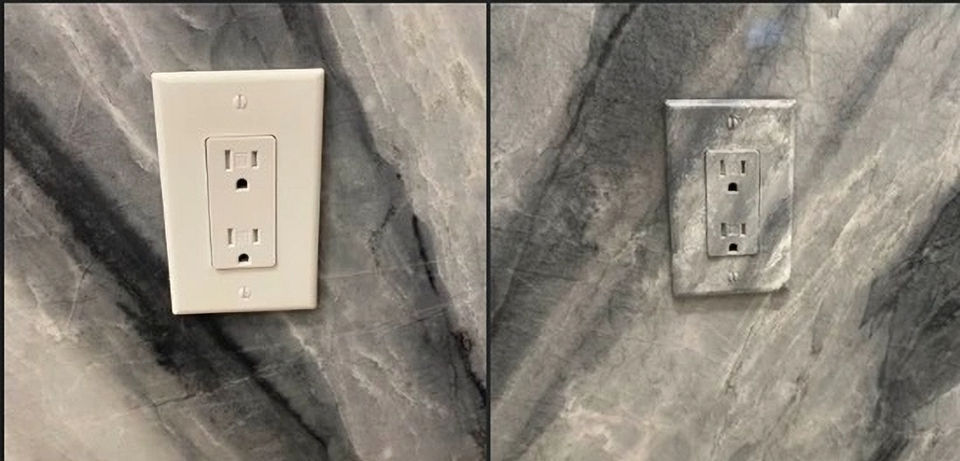Before and after covering a switchplate to match the surrounding marble wall