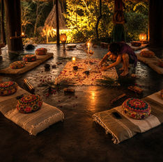 Warm candlelit ritual in a forest pavilion, with a crouching woman arranging offerings on a flower-strewn mat.